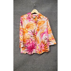 Havana Jacks Womens Large Tropical Floral Cotton Button Up Shirt Pink Orange